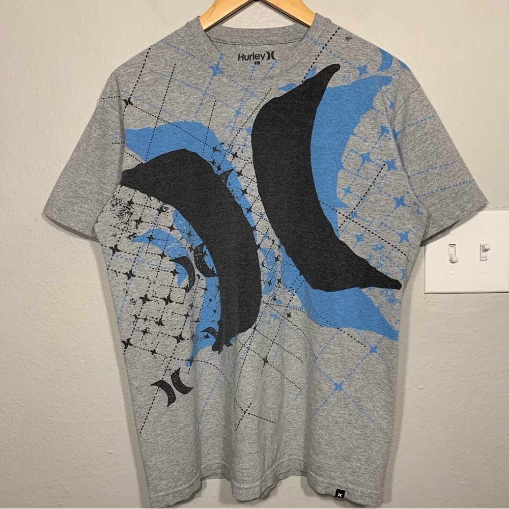 Hurley Gridline Logo Gray Tee Y2K Skater Surf Size Large